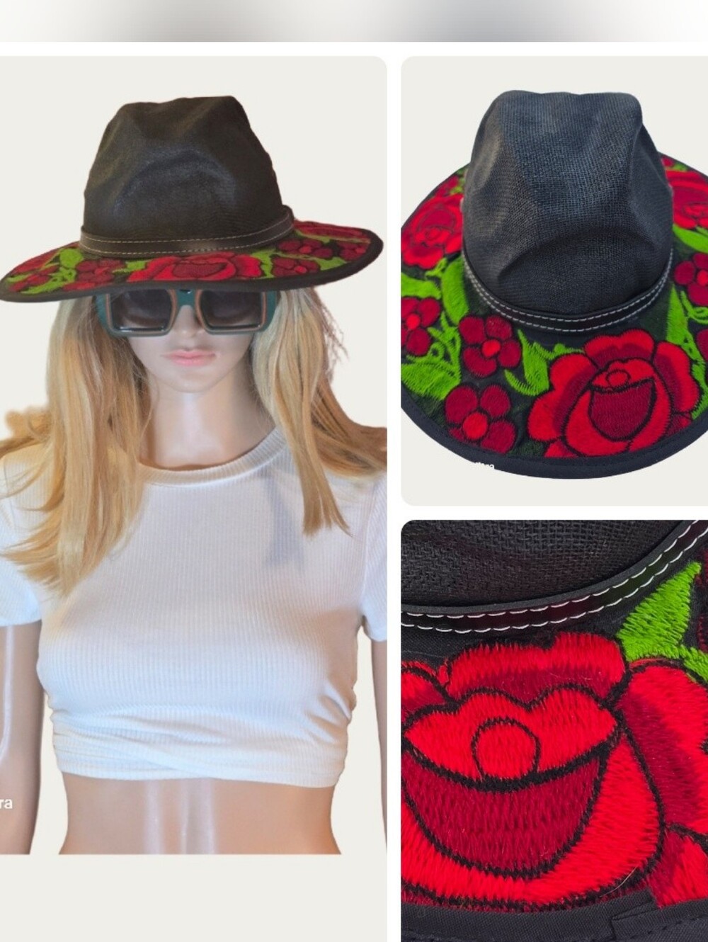 Tintokem Boho Natural Jute Straw Hat Red Embroidered Roses Wide Brim
